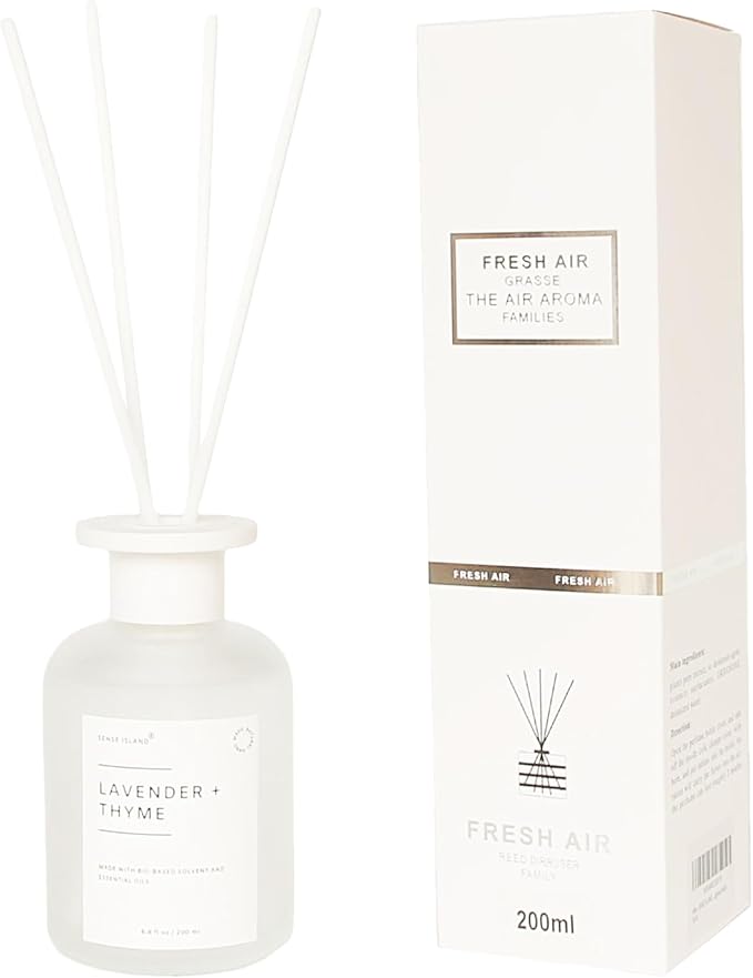 Reed Diffuser Set, Lavender Thyme Scent, 6.7 oz, Home Fragrance with 5 Diffuser Sticks Long Lasting Fragrance (White)
