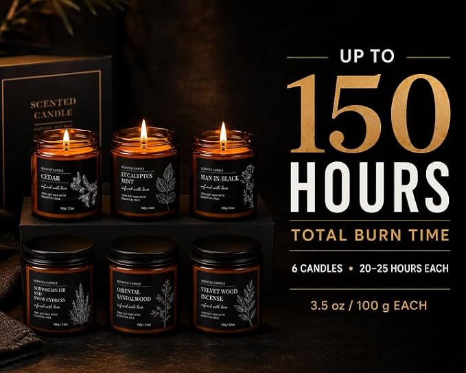 Scented Candles for Men, 6 Pack Soy Candle Gift Set, 150 Hour Burn Time, Sandalwood Cedar Aromatherapy Candles Gifts for Birthday Christmas for Men Dad Husband Boyfriend