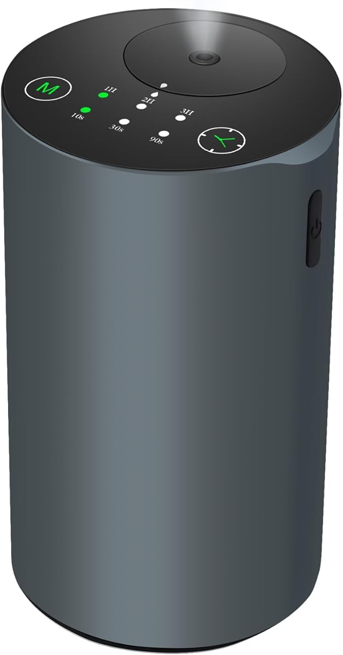 Waterless Essential Oil Diffuser, Battery Powered Mini Scent Air Machine, Aromatherapy Mist Diffuser for Home Room Car Office，Black Aluminum Alloy (Grey)