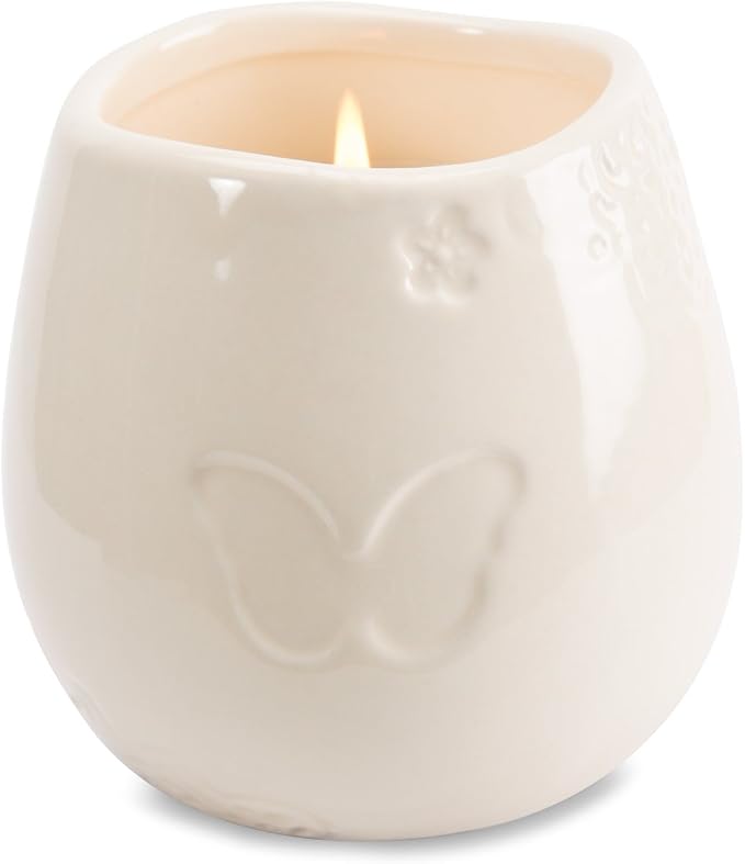 Pavilion 'In Memory, Beautifully Lived' 19178 - White Ceramic Candle with Soy Wax in a Delicate Floral Scent, Thoughtful Sympathy, Remembrance, and Condolence Gift - 8 Ounces