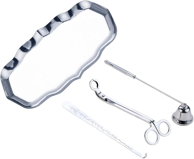 Candle Accessory Set Gift Box, Exquisite Wave Storage Tray Plate, Candle Wick Trimmer, Bell Candle Wick Snuffer, Candle Wick Dipper, 4-in-1 Candle Care Toll Kit for Scented Candle Lover, Silver
