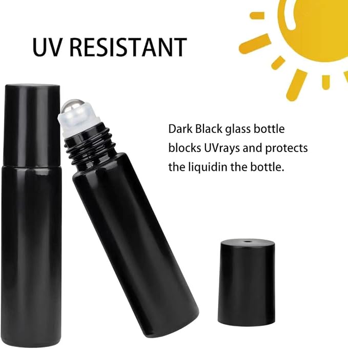 24-Pack 10ml Black Glass Roll-On Bottles with Stainless Steel Rollers, Refillable Roll-On Applicators for Essential Oils, Castor Oil, Aromatherapy, and Empty Deodorant Containers