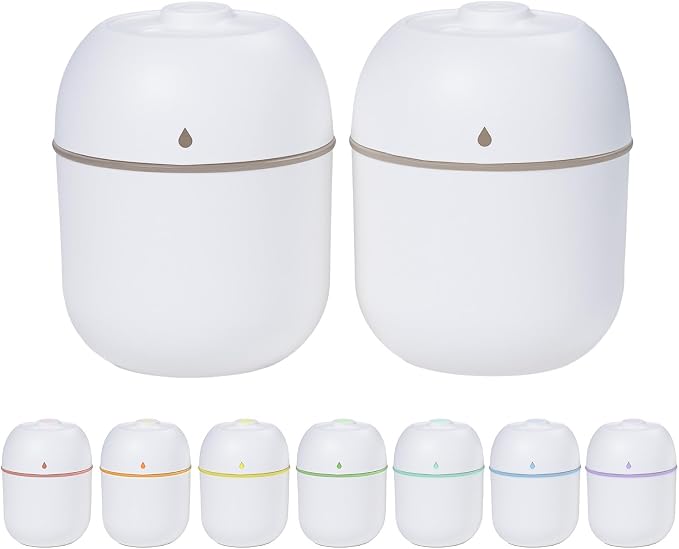 2 Pcs 220ML Small Diffuser Humidifier, Mini Aromatherapy Diffuser for Home, Office, Bedroom, Spa, Yoga Room, Car Air Humidifier with 5 Color Light, Timer, Auto Shut-Off, 2 Mist Modes -White