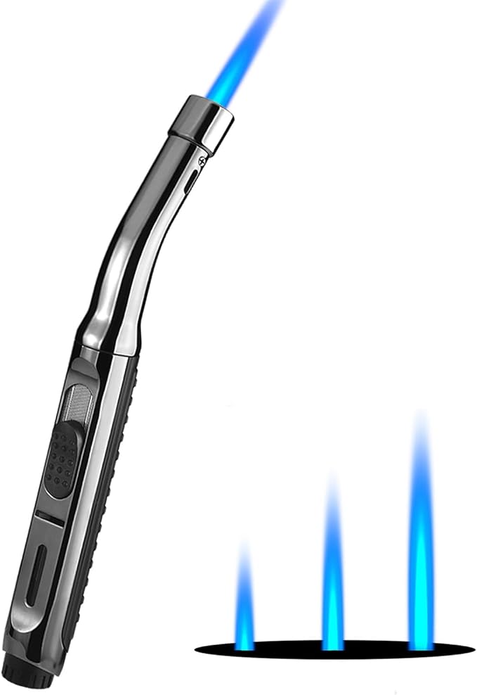 Yeuligo Torch Lighters, 7.6in Long Butane Lighter with Visible Window, Adjustable and Refillable Lighter for Kitchen Fireplace Camping Candle Grill BBQ Fireworks. Black (Gas Not Included)