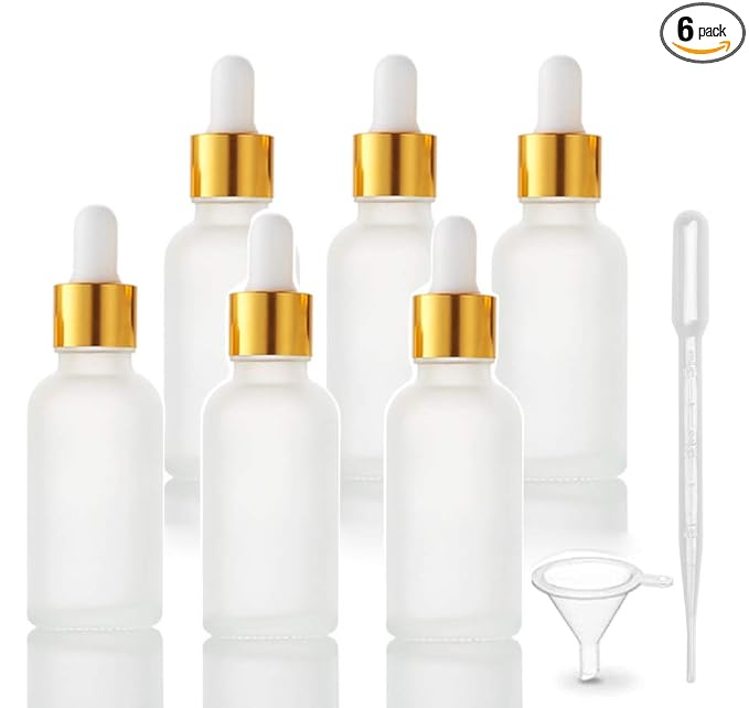 6 Pack Dropper Bottle for Essential Oils, Empty Glass Holder With Eye Dropper, Golden Cap Travel Container - Pipette & Funnel Included (30ml/1 fl oz)