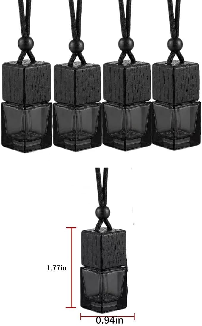 4Pcs Hanging Car Air Freshener Empty Diffuser Bottles, Black Glass Essential Oil Perfume Pendant for Auto Home Office Decoration