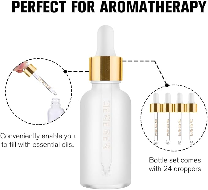 PrettyCare 1oz Glass Dropper Bottle Set of 24, Thick Rose Frosted Glass Bottles Empty with Leakproof Caps, Labels, Funnels - 30ml Eye Dropper Bottles for Storage, Travel, Essential Oils, Tincture