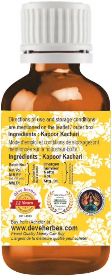 dève herbes Kapoor Kachari Essential Oil (Hedychium spicatum) Pure | Non-Sticky | Non-Greasy | Lightweight | Men & Women | All Skin Types | Steam Distilled 30ml (1 oz)