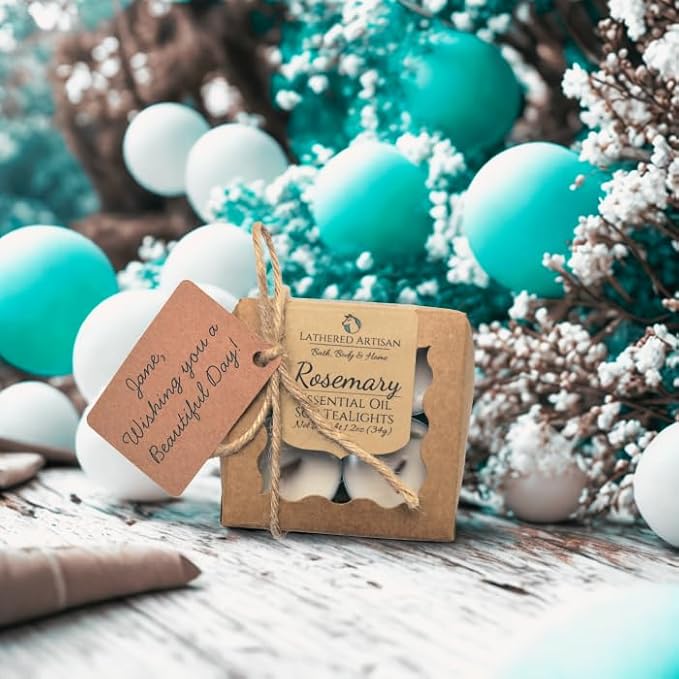 Rosemary Scented Essential Oil Tealight Candle Gift Set of 4, Hand Crafted Soy Wax Candles Wooden Wick Dried Flowers, Natural Aromatherapy Aluminum Cup Tea Lights by Lathered Artisan