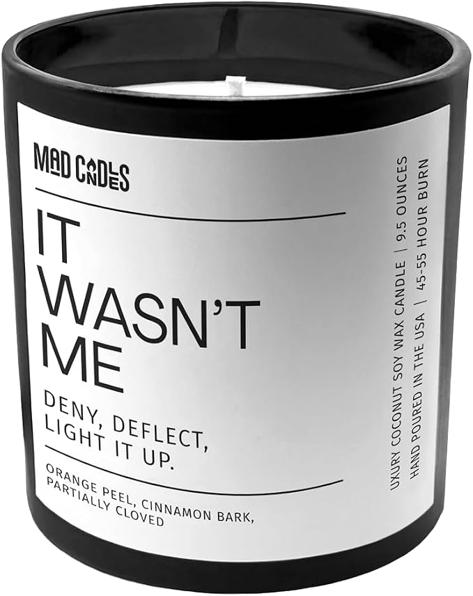 – It WASN’t Me – Sophisticated Warm Spice Scent – Bold Black Candle – 9.5 oz Coconut Soy Wax Blend, Eco-Friendly Gift for Women & Men, Hand Poured in USA, 55-Hour Burn, Clean Cotton Wick