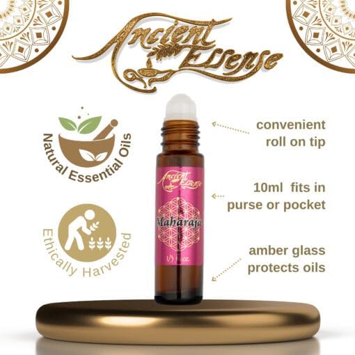 Ancient Essence Maharaja Roll On Essential Oil a Delicate Patchouli Blended with Myrrh and Amber Adorn Yourself with Confidence Self Care Luxury (1/3 FL OZ)