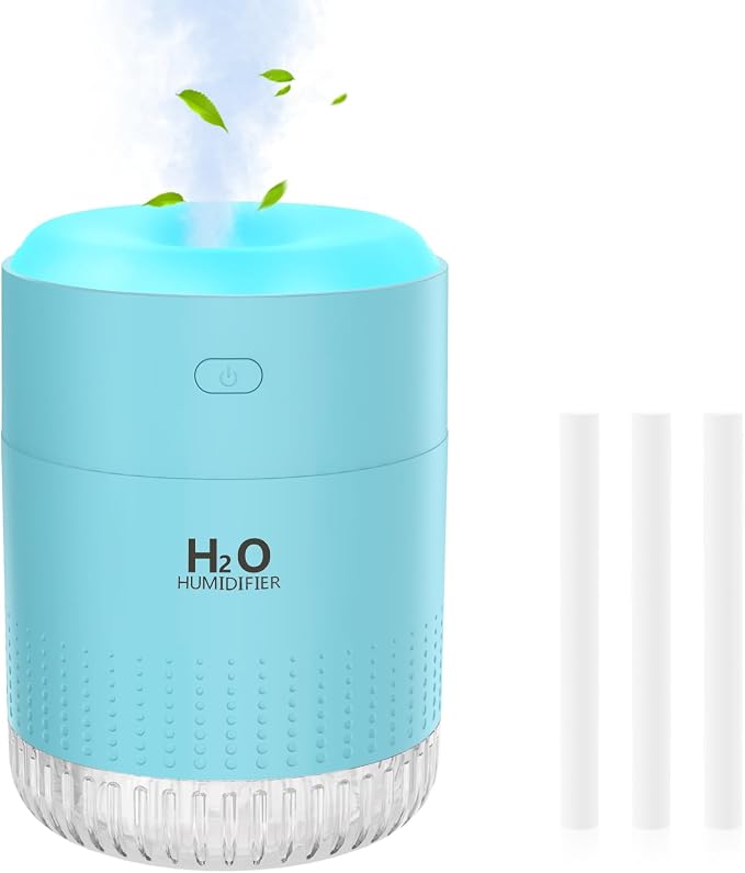 SZO Portable Mini Humidifier, 500ML USB Personal Cool Mist Humidifiers for Bedroom Office Travel Desk, Whisper Quiet 20dB with 2 Mist Modes & Auto Shut-Off, Small Desktop Humidifier（WSQ02 Blue）