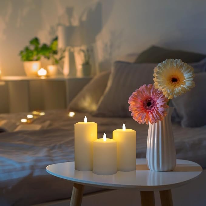 ANGELLOONG Flameless Pillar Candles with Remote, Real Wax LED Candles with Timer, Set of 3 Battery Operated Electric Flickering Candle for Home Decor, Living Room, Bedroom, Party