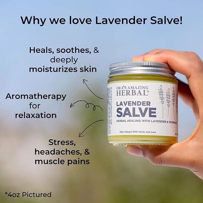 Ora's Amazing Herbal Lavender Salve Ointment, Sleep Balm, Lavender Essential Oil, Aromatherapy for Relaxation Anxiety Relief & Massage, Dry Skin Hand Repair Cream Calendula Coconut Oil, 4 oz
