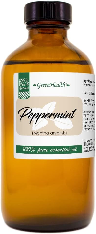 GreenHealth Japanese Peppermint Essential Oil – 8 fl oz Amber Glass Bottle w/Cap – 100% Pure & Uncut – Strong Menthol Scent – Steam-Distilled – Ideal for Diffusers, Cleaning, DIY Use