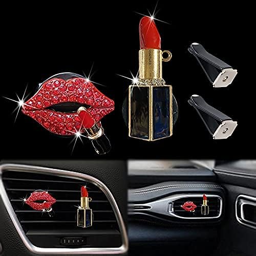 Crystal Lips Vent Clip，Sexy Lips Bling Car Charm Air Vent Clips Rhinestone Car Interior Accessories Diamond Car Decor for Girls & Women（Red）