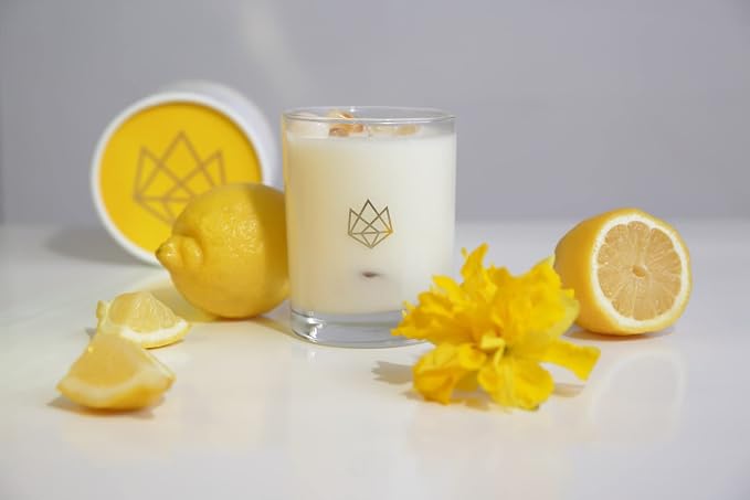 Luxury Glass Jar Candle, 14.5 OZ, Recharge - Citrine Crystal Infused - Scents of Lemongrass, Geranium, and Basil - Happiness, Manifestation, & Abundance - Coconut Wax, Essential Oils
