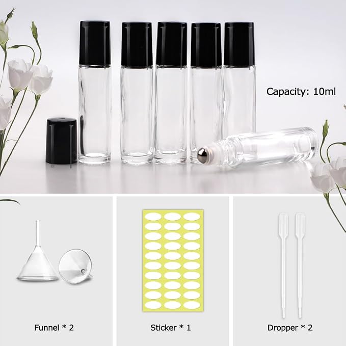 sungwoo 25 Pack Essential Oil Roller Bottles, 10ml Clear Glass Bottles with Stainless Steel Roller Ball and Cap for Travel, Perfume and Lip Gloss