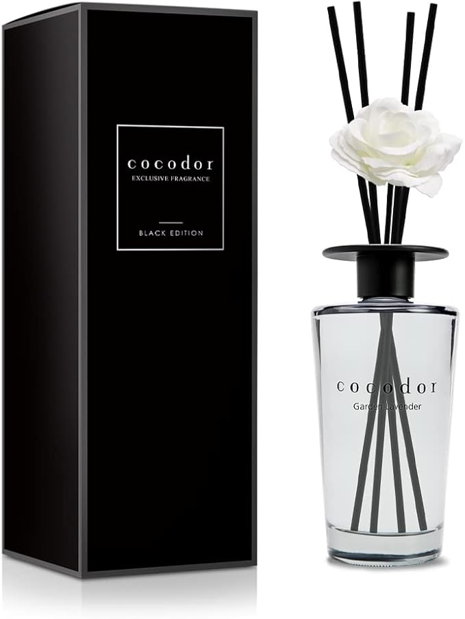 COCODOR White Flower Reed Diffuser / Garden Lavender / 1 Pack / Home & Office Decor Aromatherapy Diffuser Oil Gift Set / Large Size, Large Capacity, Big Size Diffuser, Black Edition/16.9Ounce(500 ml)