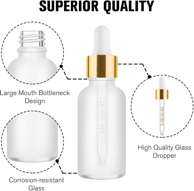 PrettyCare 1oz Glass Dropper Bottle Set of 24, Thick Rose Frosted Glass Bottles Empty with Leakproof Caps, Labels, Funnels - 30ml Eye Dropper Bottles for Storage, Travel, Essential Oils, Tincture