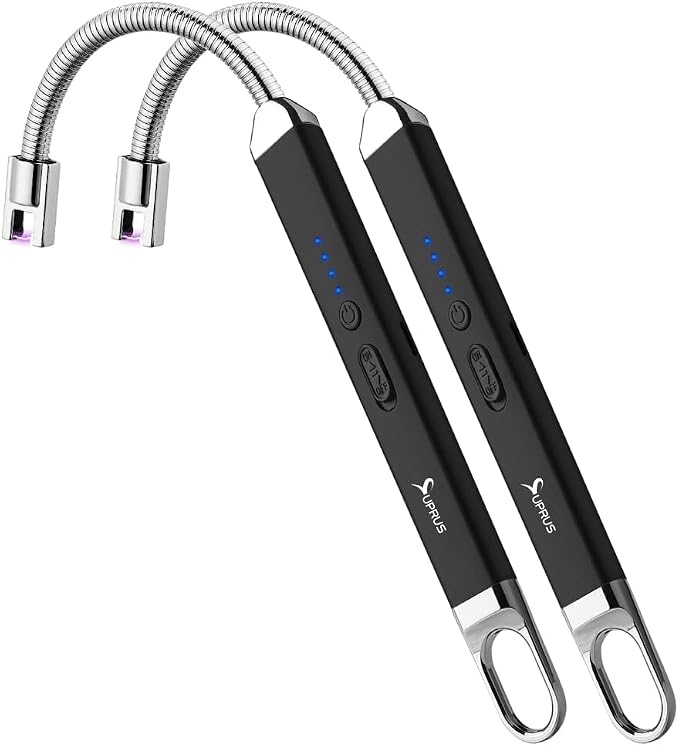 SUPRUS Rechargeable USB Arc Electric Lighetrs with Safety Switch 360° Flexible Neck Flameless Grill Long Lighters for Candle Camping Cooking (Black, 2Packs)