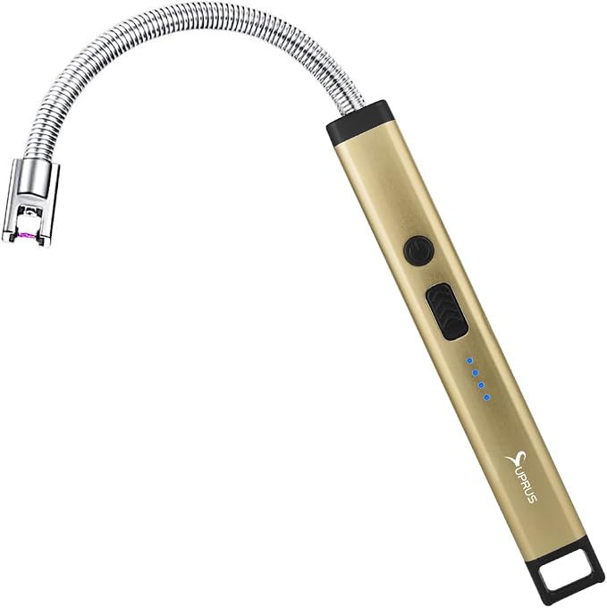 SUPRUS Rechargeable Candle Lighter Electric Arc Triple Safety Long Lighter Stainless Steel Shell & Hanging Hook (Champagne Gold)