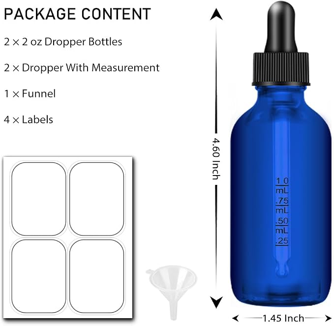 Bumobum Dropper Bottle 2 oz, 2 pack Blue Glass Eye Dropper Bottles with Labels and Funnel, Leakproof Tincture Bottles with Measured Dropper