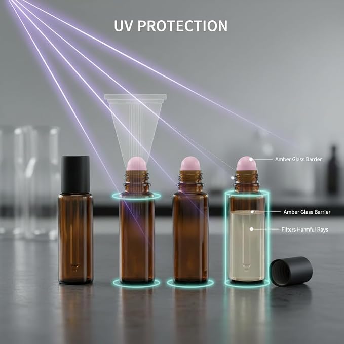 4 PACK Roller Bottles for Essential Oils with Natural Jade Roller Balls, 10ml Refillable Amber Glass, Leak-Proof Travel Size Roll On Bottles for Aromatherapy, DIY Perfume & Gifts (10ml Black Lid )