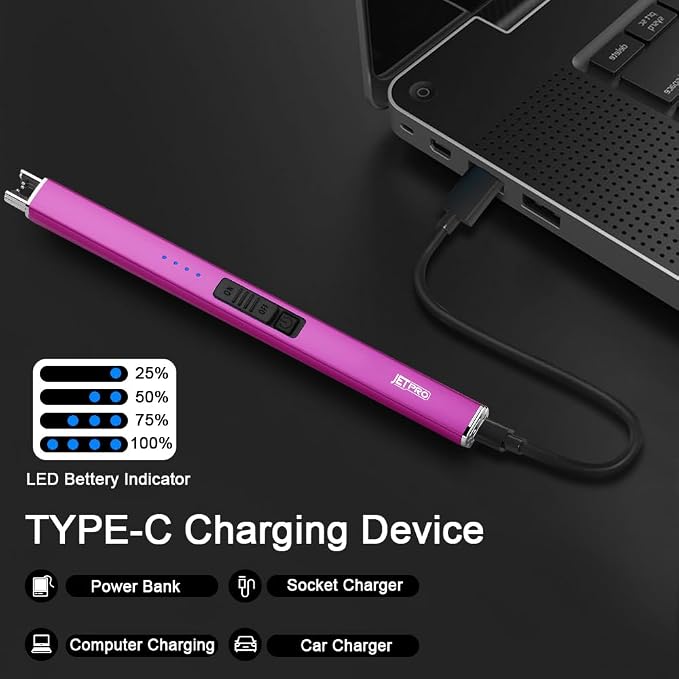Electric Arc Windproof Lighter Flameless USB Rechargeable Lighter with Safety Lock for Candle BBQ Camping (Purple)