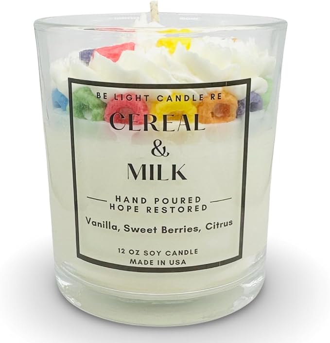 Cereal & Milk Candle | Purpose-Driven Soy Candles | Fun Cute Fruit Loops Candle | Cereal Bowl Food Gift Idea for Friend Birthday Bestfriend Mother's Day | Be Light Candle RE (Cereal & Milk)