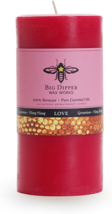 Big Dipper Wax Works 100% Pure Beeswax Pillar Candle, Love (Geranium & Ylang Ylang) Aromatherapy Candle with Pure Essential Oil, Non Toxic Natural Candle, 90 Hour Burn, Medium 3" x 6"