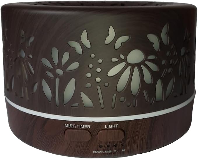 Wild Essentials 700ml Designer Large Room Essential Oil Diffuser, 5 in 1 Ultrasonic Aromatherapy Vaporizer Cool Mist Humidifier, Home, Office Bedroom, Timer, Auto-Off, 7 Color LED (Dark Wood Flowers)
