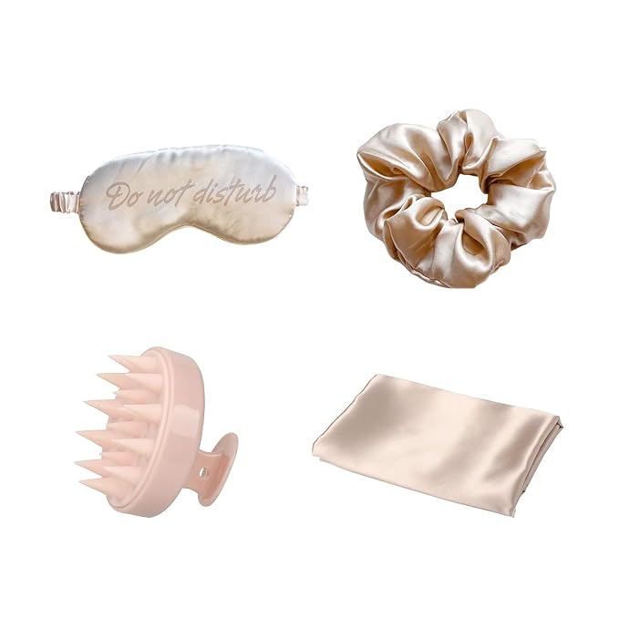 Holler And Glow Bedtime Basics Accessories Mother's Day Set, Limited Edition, Sleep Eye Mask, Silk Scrunchie, Hair Growth Scalp Massager, Satin Pillowcase, Beauty Sleep For Women, 4 Piece Gift Set