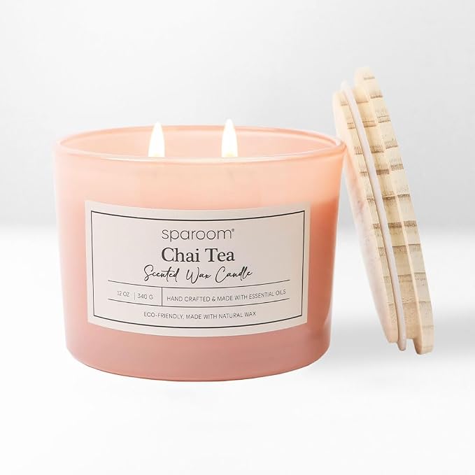 Sparoom Candle Chai Tea Scented 2 Wick Candle, 12 oz Long Lasting Non Toxic Clean Burn, Larged Colors Glass with Wooden Lid