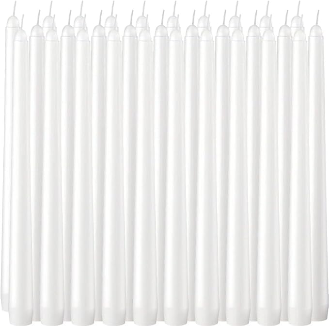 30 Pack of 10 Inch White Unscented Taper Candles-8 Hour Long Burning Dripless Table Candles for Wedding, and Home Decoration