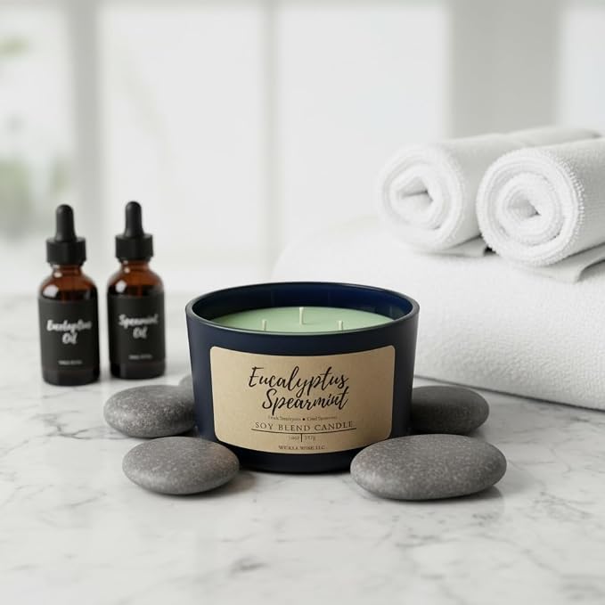 Wicks & Wine Soy Blend 3-Wick Cotton CORE Candle 14oz (Eucalyptus Spearmint)