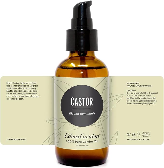 Edens Garden Organic Castor Oil – Cold Pressed, Unrefined, Hexane-Free & 100% Pure Therapeutic Grade – Carrier Oil for Nails, Cuticle, Hair Growth, Eyelashes, Eyebrows, Skin & Scalp 118 ml (4 fl oz)