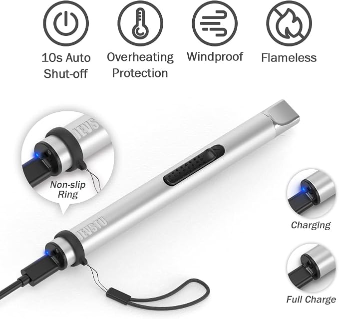 Candle Lighter, Electric Rechargeable USB, Arc Windproof Flameless Plasma Lighter Long Stick with Rope and Ring, No Butane Fluid, Perfect for Candle BBQ Camping Kitchen Stove, Silver