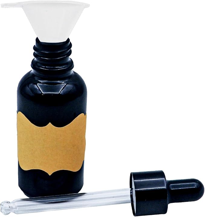 12 Pcs1 oz Black Glass Dropper Bottle 30 ml Tincture Bottles with Dropper Lab Dropping with Eye Droppers, Funnels, Label Stickers for Essential Oil Perfumes (Black, UV Safe Bottles)