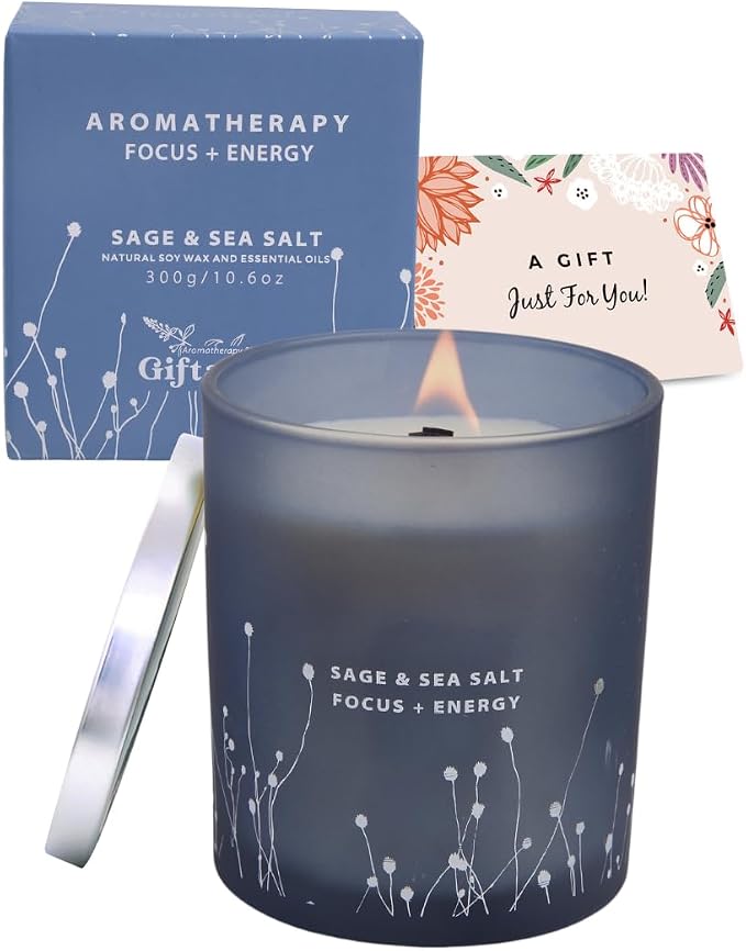 White Sage Sea Salt Wood Wick Soy Scented Candle, 10.6 oz | Sage Candle for Cleansing House | Aromatherapy Energy Cleansing Candle for Home, Meditation, Clean Burning Long Lasting