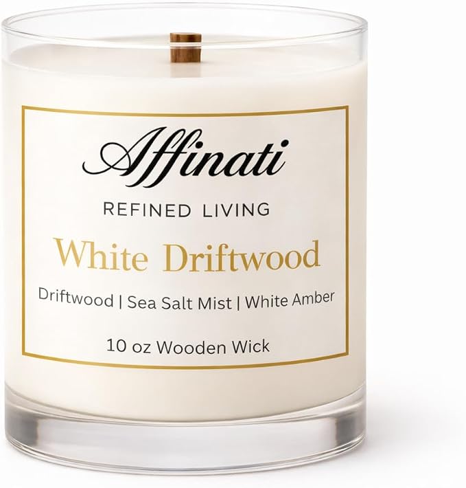 Affinati White Driftwood Scented Candle, 10 oz Wooden Wick Tumbler Jar – Highly Fragrant Clean Sun-Bleached Wood Aromatherapy, Soy Blend Gift