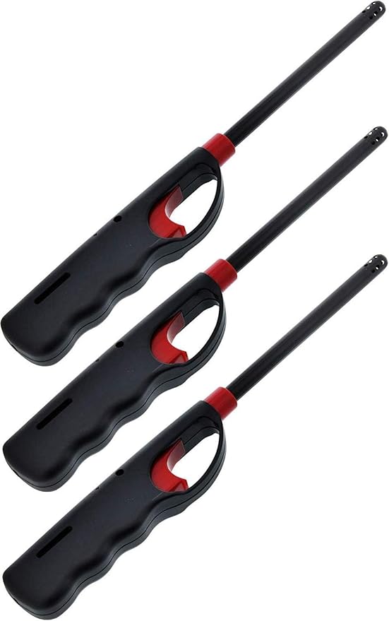 Fuel Included Handi BBQ Grill Click Flame Long Stem Lighter - Refillable Butane Gas Candle Fireplace Kitchen Stove Wind Resistant, Red (3)