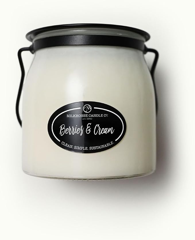 Milkhouse Candle Company Berries & Cream Soy Candle - Raspberry | Blueberry | Sugarcane Scented - 16 oz Butter Jar with Lid, 65+ Hour Burn Time, Made in the USA