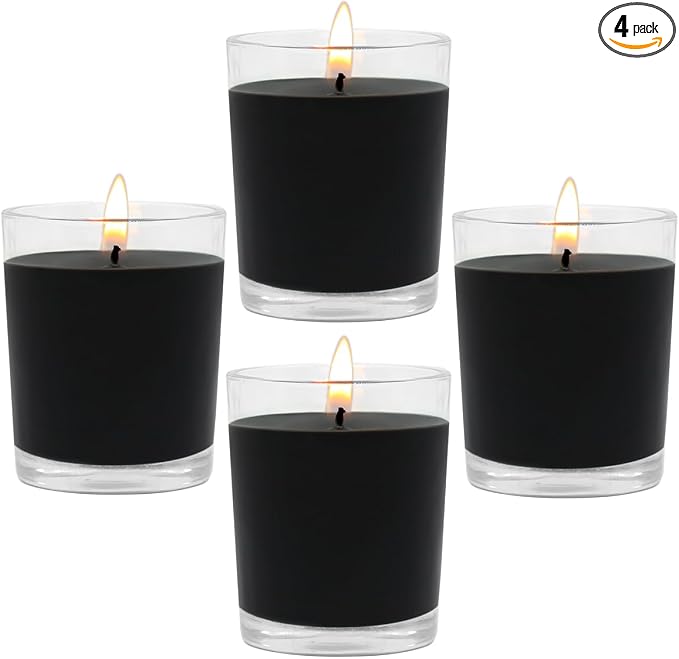 Unscented Black Votive Candles in Glass, 2 Inch Natural Soy Wax Scentless Candles for Halloween Wedding Party Home Holidays Relaxation Spa, 12-15 Hour Burning Time, 4 Packs