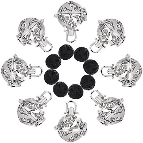TOODOO Aromatherapy Essential Oils Pendant Cage Locket Small Size Silvery Diffuser Locket with Black Lava Stone Rock Beads Balls Set for Jewelry Making (8)