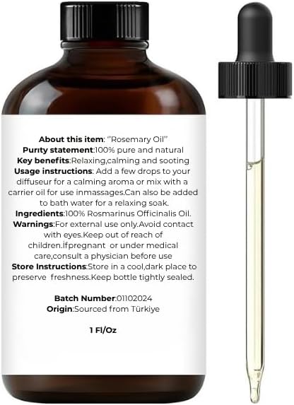 Rosemary Essential Oil for Hair & Scalp – 100% Pure, Steam Distilled, Undiluted – 30ml Glass Bottle for Diffuser & Aromatherapy