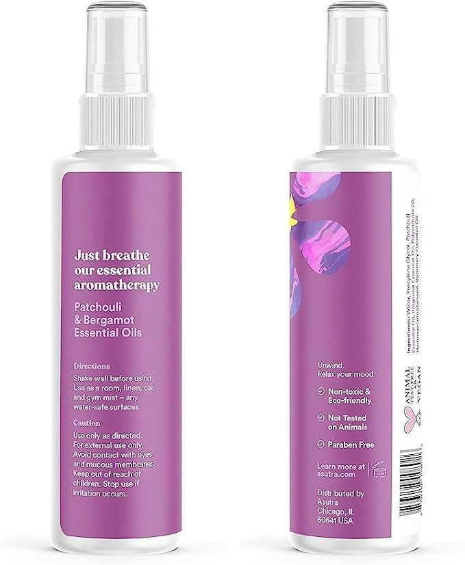 ASUTRA Multi-Use Essential Oil Aromatherapy Spray (Patchouli & Bergamot), 4 fl oz – Mist for Face, Body, Rooms & Linens – Car, Fabric, and Bathroom Freshener
