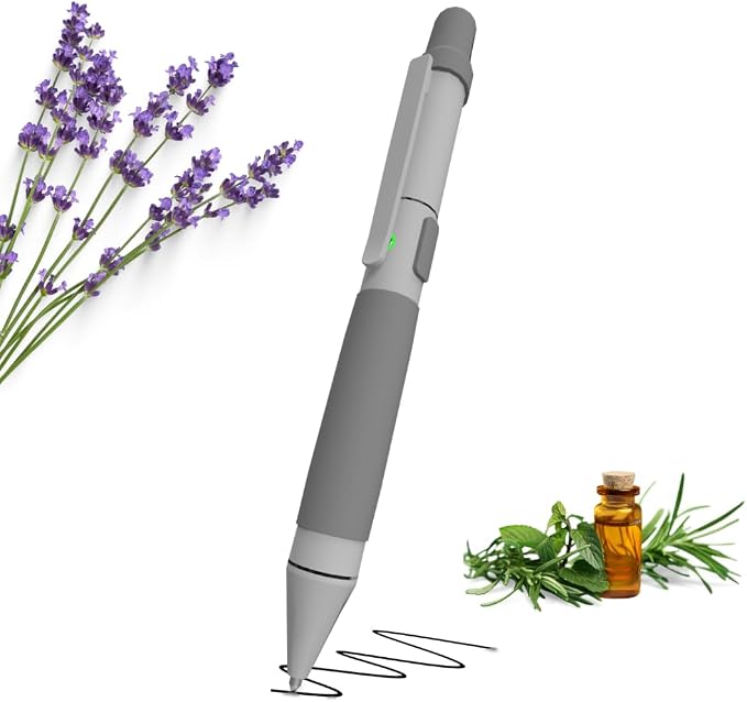 Aromatherapy Writing Pen Battery with Real Ink Tip and Hidden Diffuser Port, Soft Touch Ballpoint for Note Taking, Signature, and On-The-Go Relaxation, Rechargeable Wellness Gift for Office (Silver)