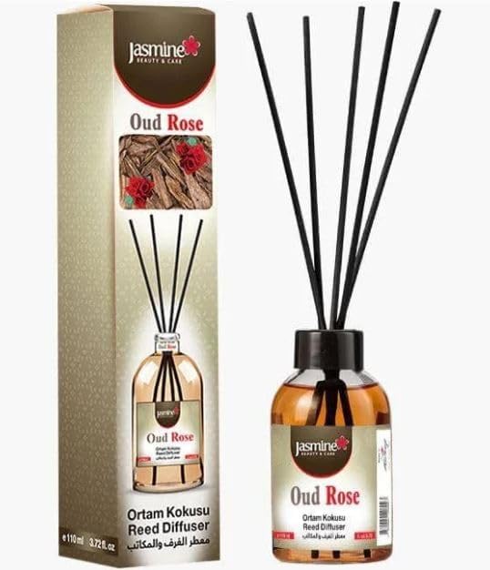 Jasmine Turkish Reed Diffuser 3.72 fl.oz, 110ml, Oil Reed Diffuser with 4 Sticks for Your Office, Bedroom, Bathroom and Kitchen. A Nice Gift to Love. Jasmine Beauty And Care. (Oud Rose 510)