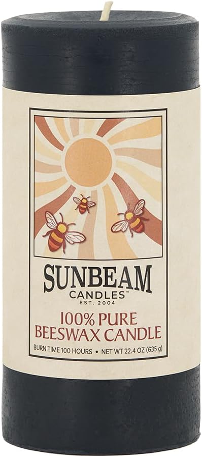 Sunbeam Candles 100% Pure Beeswax Pillar Candles | Long Burning All Natural Non-Toxic Beeswax Candles | Made in USA (Smooth, Midnight Black, 3"x6.25")